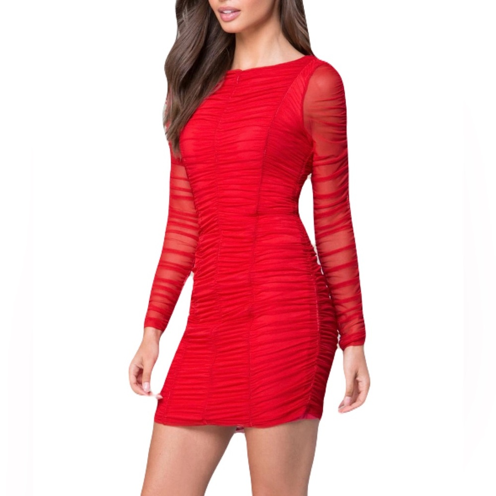 Bebe Rushed Mesh Mini Dress, Red, XXS